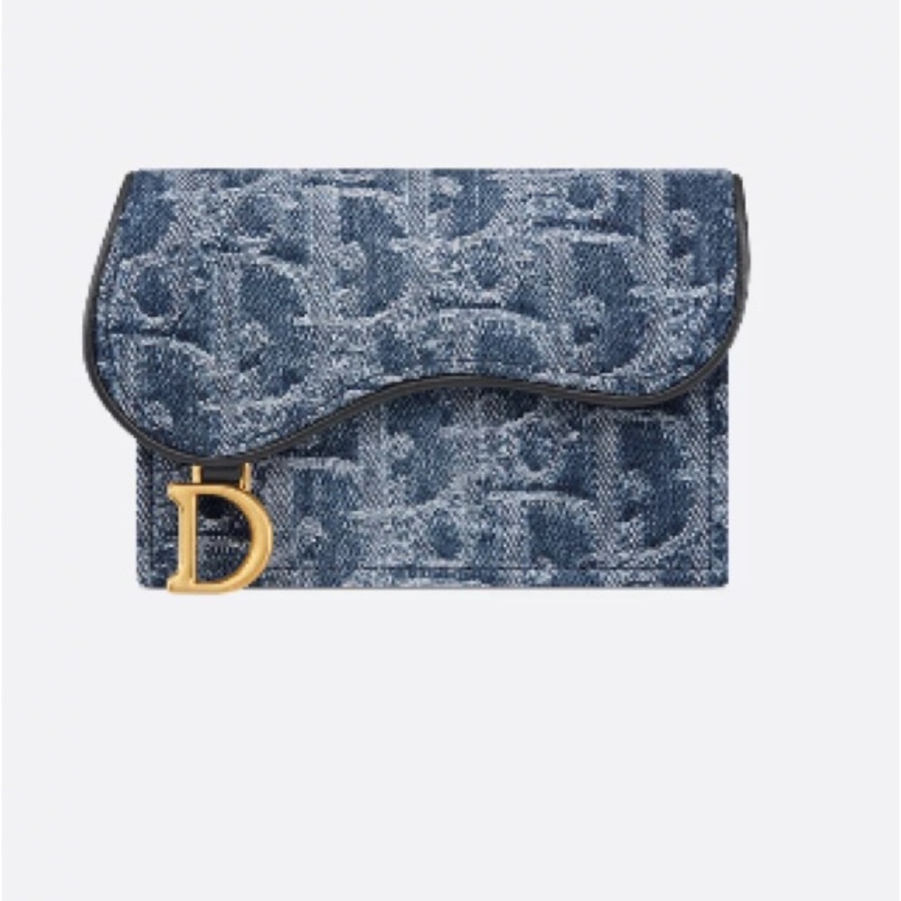Christian Dior Saddle Bloom Denim Blue Card Holder with Gold Accent LIKE NEW